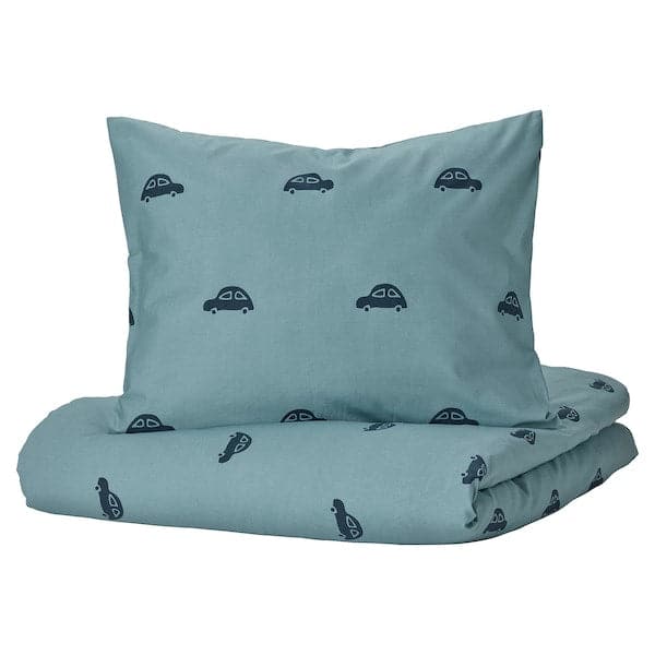 BARNDRÖM - Duvet cover and pillowcase, car pattern/blue, 150x200/50x80 cm