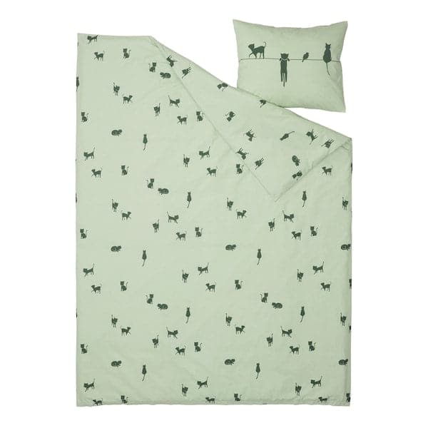 BARNDRÖM - Duvet cover and pillowcase, cat pattern/green, 150x200/50x80 cm - best price from Maltashopper.com 90504398