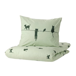 BARNDRÖM - Duvet cover and pillowcase, cat pattern/green, 150x200/50x80 cm - best price from Maltashopper.com 90504398