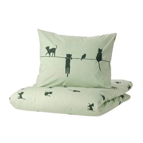 BARNDRÖM - Duvet cover and pillowcase, cat pattern/green, 150x200/50x80 cm