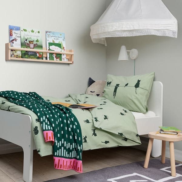 Ikea BARNDRÖM - Duvet cover and pillowcase, cat pattern/green, 150x200/50x80 cm