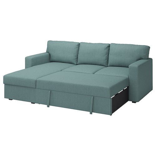 BÅRSLÖV - 3-seater sofa bed/chaise-longue, Tibbleby light grey-turquoise