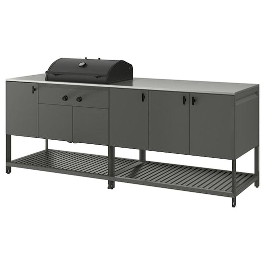 Ikea BÅTSKÄR - Outdoor kitchen w charcoal barbecue, dark grey, 240x60 cm