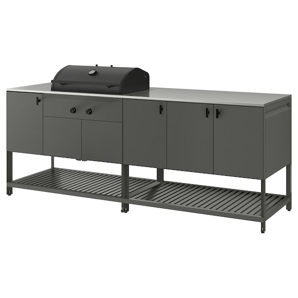 BÅTSKÄR - Outdoor kitchen w charcoal barbecue, dark grey, 240x60 cm