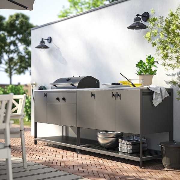 BÅTSKÄR - Outdoor kitchen w charcoal barbecue, dark grey, 240x60 cm