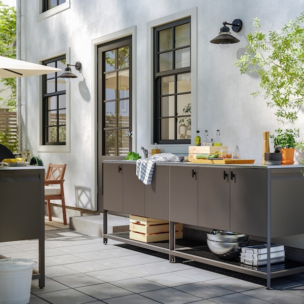 BÅTSKÄR - Outdoor kitchen with sink element, dark grey,240x60 cm