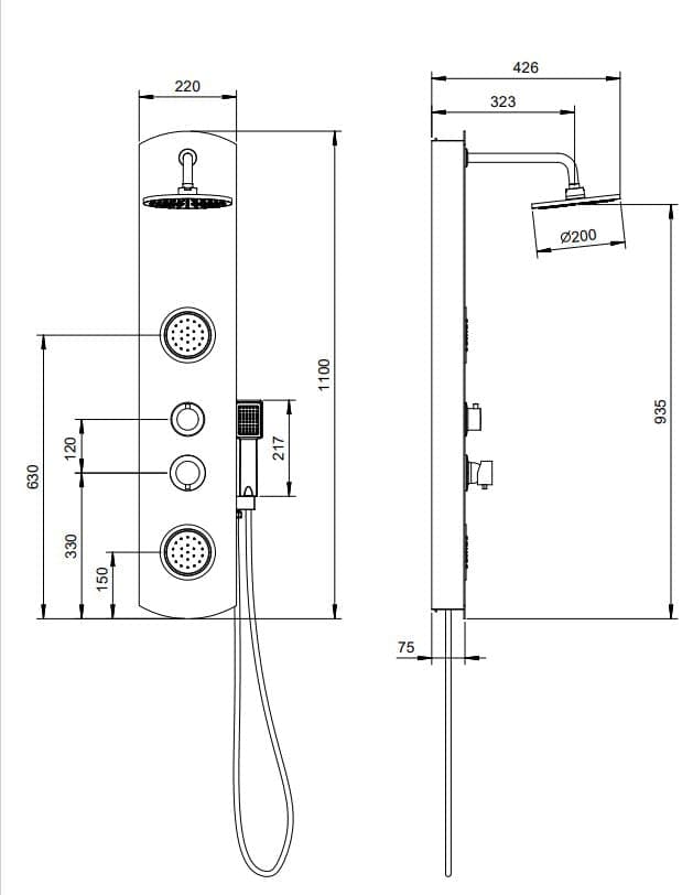 PVC KOLOA HYDRO COLUMN 110X20 SHOWER HEAD DIAM 20 CM+ HAND SHOWER +2 HYDROJETS WITH MIXER