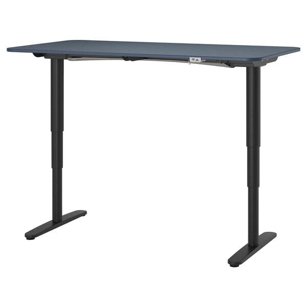 BEKANT Height adjustable desk - blue/black linoleum 160x80 cm - best price from Maltashopper.com 69281069