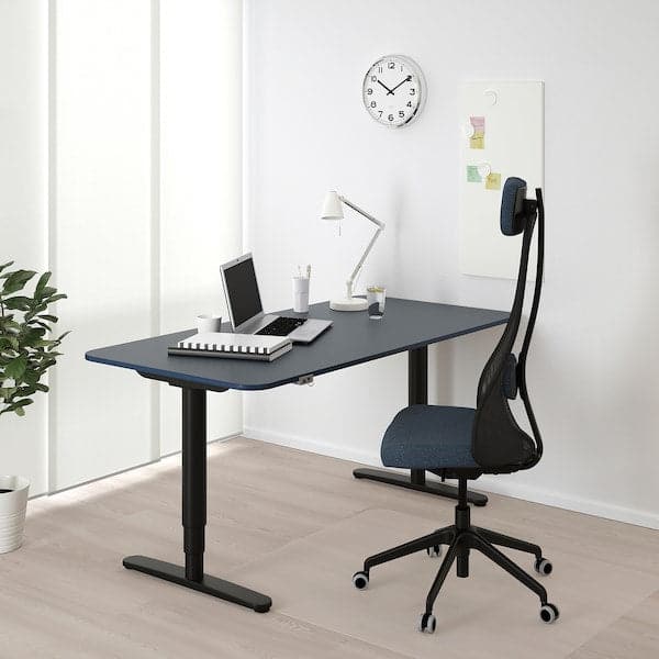 BEKANT Height adjustable desk - blue/black linoleum 160x80 cm - Premium Office Furniture from Ikea - Just €622.99! Shop now at Maltashopper.com