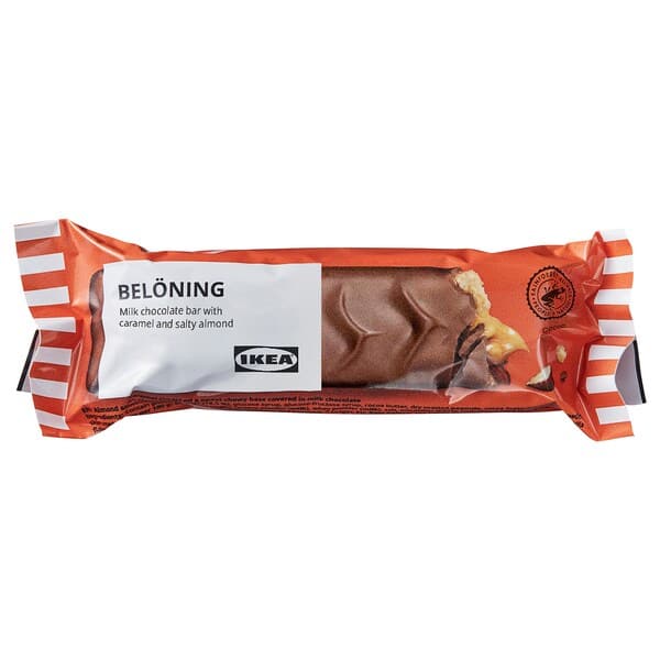 BELÖNING - Milk chocolate bar, w caramel and salty almond filling Rainforest Alliance Certified