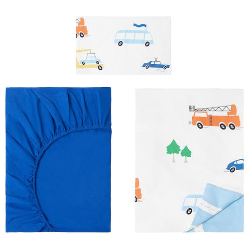 BERGFINK - 3-piece bedlinen set with bag, multicolour vehicles/roads pattern, 150x200/50x80 cm
