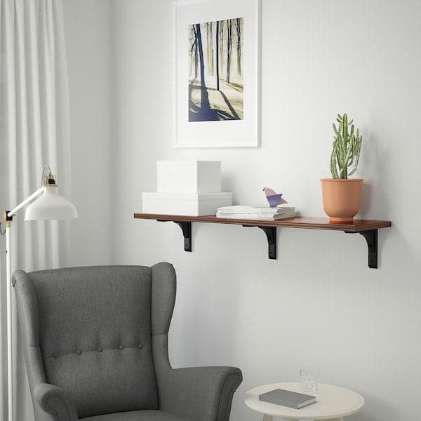 Ikea BERGSHULT / RAMSHULT - Shelf and brackets, walnut/black effect, 120x30 cm