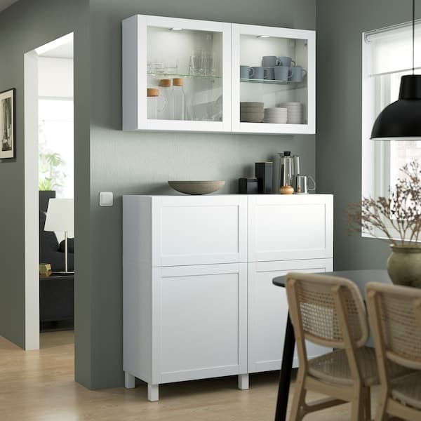 BESTÅ - Storage combination w doors/drawers, white/Hanviken/Stubbarp white clear glass, 120x42x213 cm - best price from Maltashopper.com 99412498