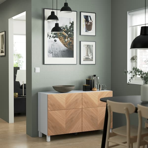 Ikea BESTÅ - Storage combination w doors/drawers, white/Hedeviken/Stubbarp oak veneer, 120x42x74 cm