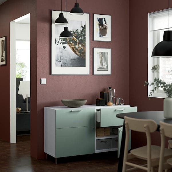 Ikea BESTÅ - Storage combination w doors/drawers, white/Hjortviken/Ösarp pale grey-green, 120x42x74 cm