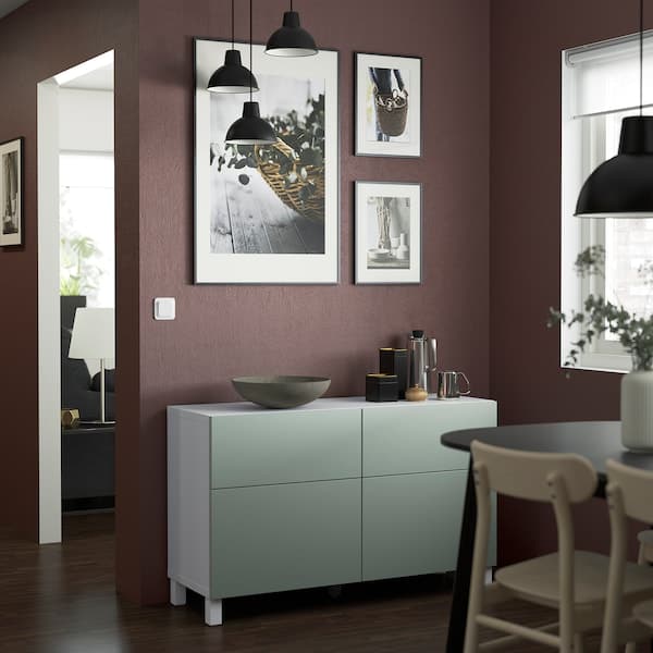 Ikea BESTÅ - Storage combination w doors/drawers, white/Hjortviken/Stubbarp pale grey-green, 120x42x74 cm