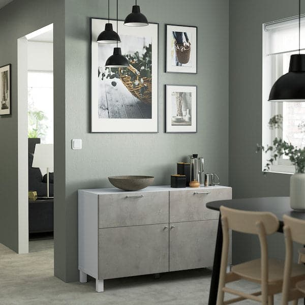 Ikea BESTÅ - Storage combination w doors/drawers, white Kallviken/Stubbarp/light grey concrete effect, 120x42x74 cm