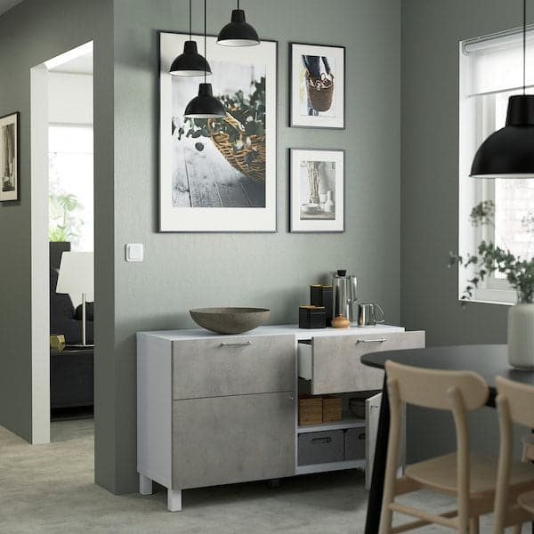 BESTÅ - Storage combination w doors/drawers, white Kallviken/Stubbarp/light grey concrete effect, 120x42x74 cm - best price from Maltashopper.com 89440227