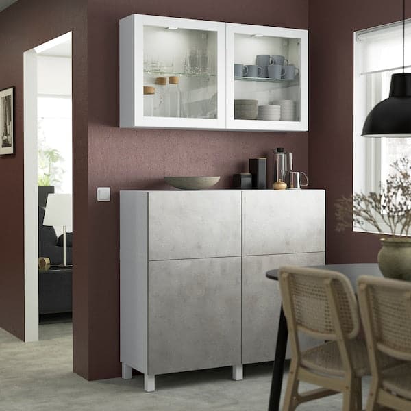 BESTÅ - Storage combination w doors/drawers, white Kallviken/Stubbarp/light grey concrete effect, 120x42x213 cm - best price from Maltashopper.com 39421556