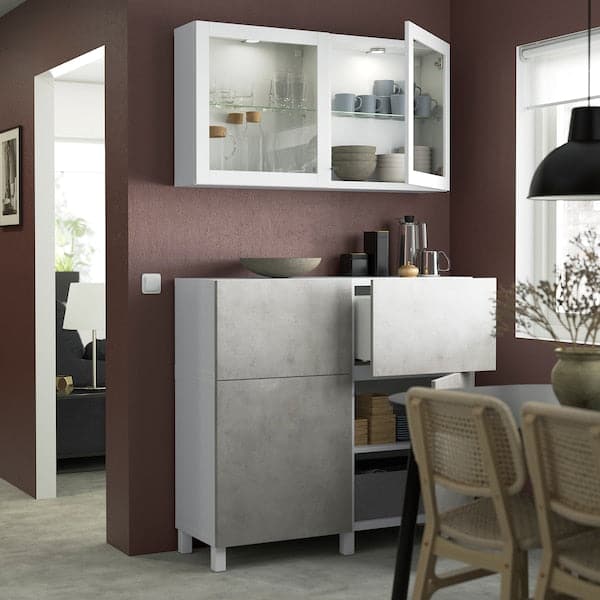 BESTÅ - Storage combination w doors/drawers, white Kallviken/Stubbarp/light grey concrete effect, 120x42x213 cm - best price from Maltashopper.com 39421556