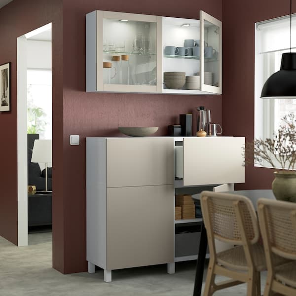Ikea BESTÅ - Storage combination w doors/drawers, white Lappviken/Stubbarp/light grey-beige clear glass, 120x42x213 cm