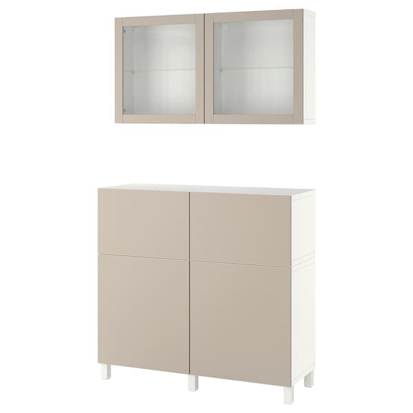 Ikea BESTÅ - Storage combination w doors/drawers, white Lappviken/Stubbarp/light grey-beige clear glass, 120x42x213 cm