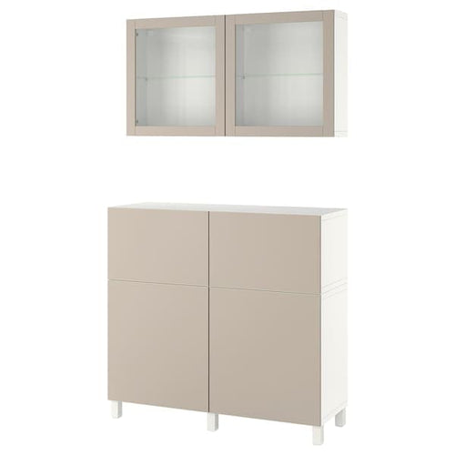 BESTÅ - Storage combination w doors/drawers, white Lappviken/Stubbarp/light grey-beige clear glass, 120x42x213 cm