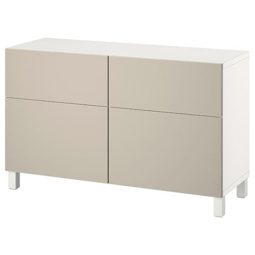BESTÅ - Storage combination w doors/drawers, white/Lappviken/Stubbarp light grey-beige, 120x42x74 cm