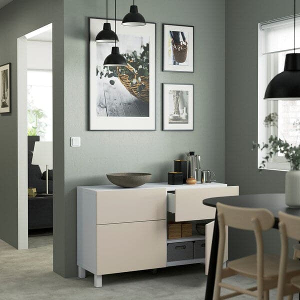 Ikea BESTÅ - Storage combination w doors/drawers, white/Lappviken/Stubbarp light grey-beige, 120x42x74 cm