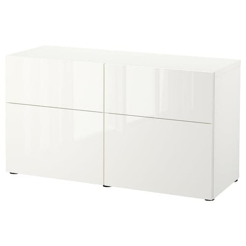BESTÅ - Storage combination w doors/drawers, white/Selsviken high-gloss/white, 120x42x65 cm