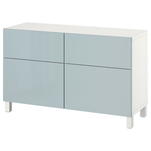 BESTÅ - Storage combination w doors/drawers, white Selsviken/Stallarp/high-gloss light grey-blue, 120x42x74 cm