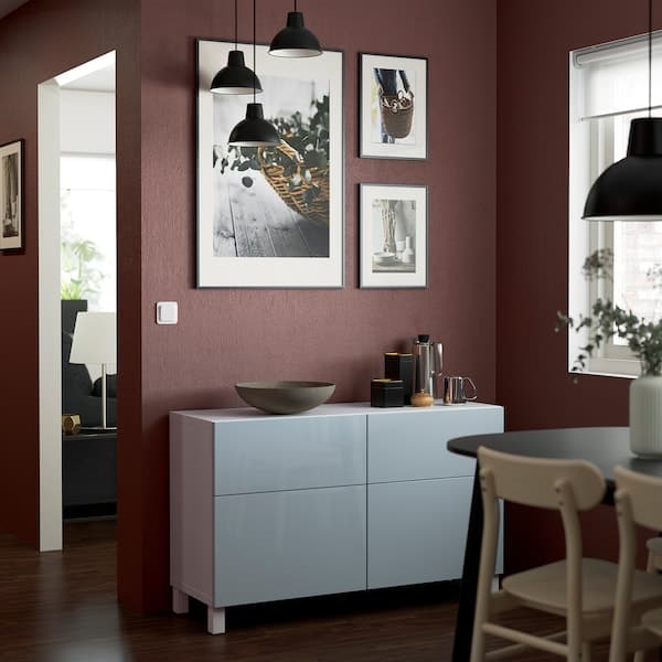 BESTÅ - Storage combination w doors/drawers, white Selsviken/Stubbarp/high-gloss light grey-blue, 120x42x74 cm - best price from Maltashopper.com 49421527