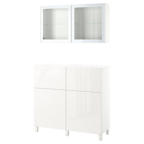 BESTÅ - Storage combination w doors/drawers, white/Selsviken/Stubbarp high-gloss/white clear glass, 120x42x213 cm