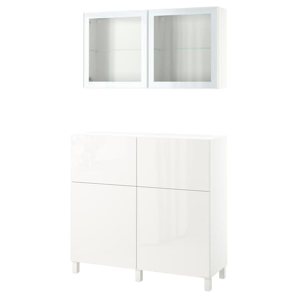 BESTÅ - Storage combination w doors/drawers, white/Selsviken/Stubbarp high-gloss/white clear glass, 120x42x213 cm