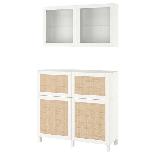 BESTÅ - Storage combination w doors/drawers, white Studsviken/Stubbarp/white woven poplar, 120x42x213 cm