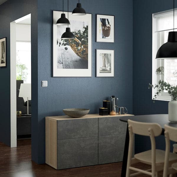 Ikea BESTÅ - Storage combination w doors/drawers, white stained oak effect Kallviken/dark grey concrete effect, 120x42x65 cm