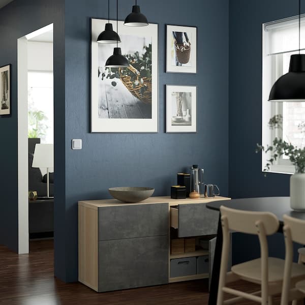 Ikea BESTÅ - Storage combination w doors/drawers, white stained oak effect Kallviken/dark grey concrete effect, 120x42x65 cm