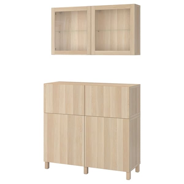 Ikea BESTÅ - Storage combination w doors/drawers, white stained oak effect/Lappviken/Stubbarp white stained oak eff clear glass, 120x42x213 cm