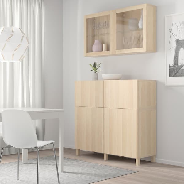 BESTÅ - Storage combination w doors/drawers, white stained oak effect/Lappviken/Stubbarp white stained oak eff clear glass, 120x42x213 cm - best price from Maltashopper.com 89399218