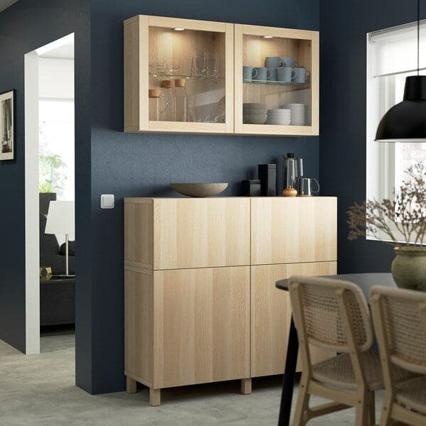Ikea BESTÅ - Storage combination w doors/drawers, white stained oak effect/Lappviken/Stubbarp white stained oak eff clear glass, 120x42x213 cm