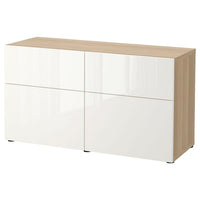 BESTÅ - Storage combination w doors/drawers, white stained oak effect/Selsviken high-gloss/white, 120x42x65 cm - best price from Maltashopper.com 29324805