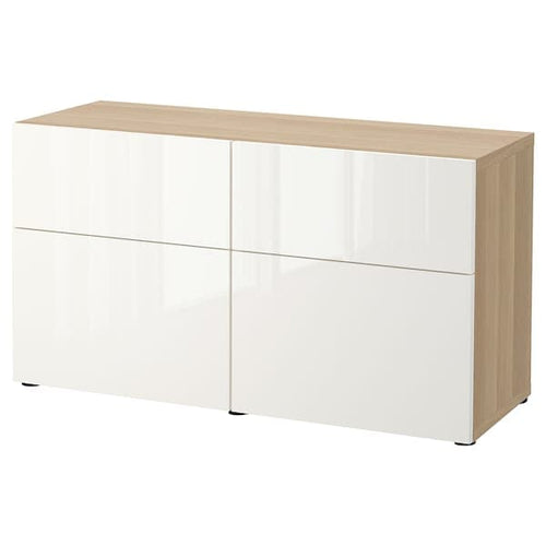 BESTÅ - Storage combination w doors/drawers, white stained oak effect/Selsviken high-gloss/white, 120x42x65 cm
