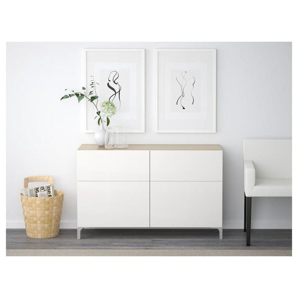 BESTÅ - Storage combination w doors/drawers, white stained oak effect/Selsviken high-gloss/white, 120x40x74 cm - best price from Maltashopper.com 19195333