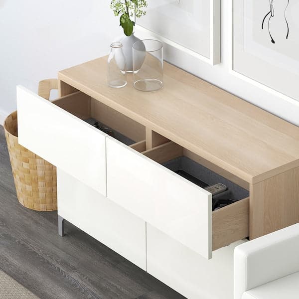 BESTÅ - Storage combination w doors/drawers, white stained oak effect/Selsviken high-gloss/white, 120x40x74 cm - best price from Maltashopper.com 19195333
