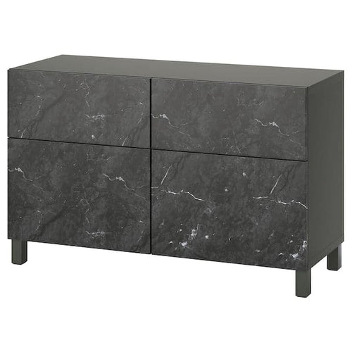 BESTÅ - Storage combination w doors/drawers, dark grey Bergsviken/Stubbarp/black marble effect, 120x42x74 cm