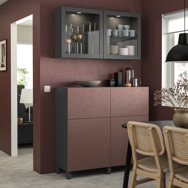 Ikea BESTÅ - Combination + doors/drawers, Hjortviken brown/Stubbarp/Sindvik dark grey, , 120x42x213 cm
