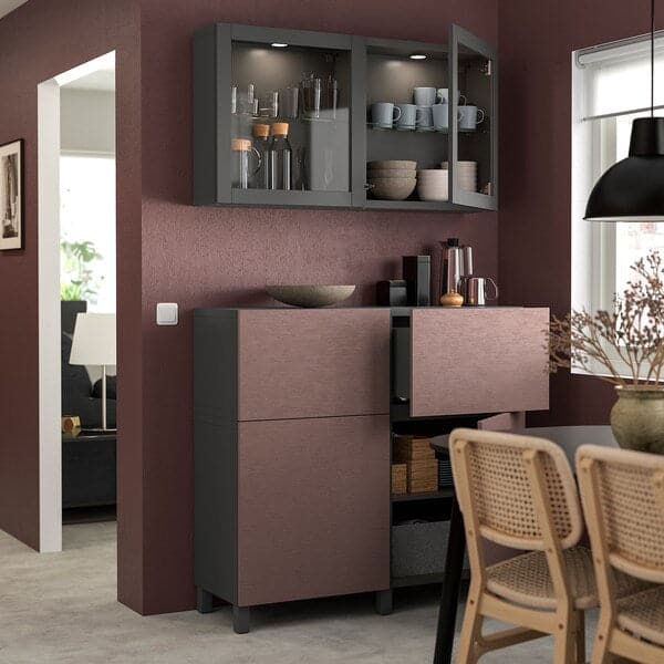 Ikea BESTÅ - Combination + doors/drawers, Hjortviken brown/Stubbarp/Sindvik dark grey, , 120x42x213 cm