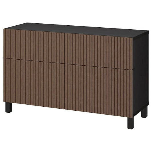Ikea BESTÅ - Storage combination w doors/drawers, black-brown Björköviken/Stubbarp/brown stained oak veneer, 120x42x74 cm