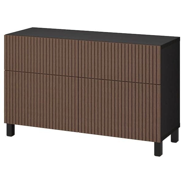 Ikea BESTÅ - Storage combination w doors/drawers, black-brown Björköviken/Stubbarp/brown stained oak veneer, 120x42x74 cm