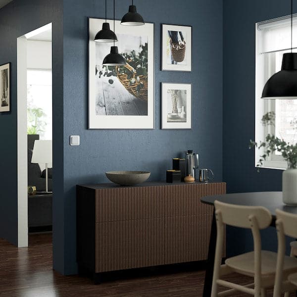 Ikea BESTÅ - Storage combination w doors/drawers, black-brown Björköviken/Stubbarp/brown stained oak veneer, 120x42x74 cm